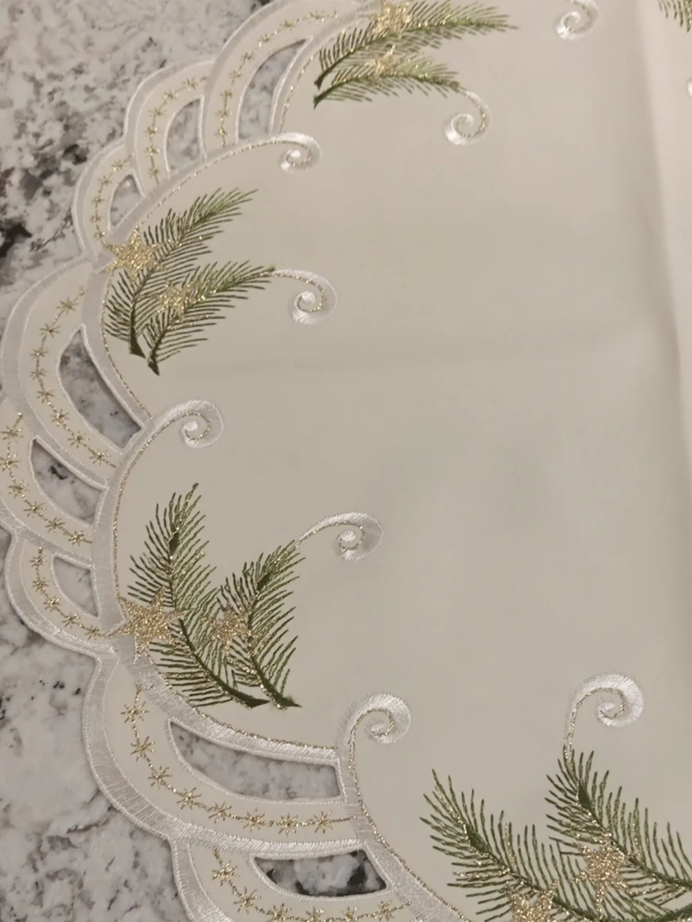 Cream Pine Branch Embroidered Round Table Accent